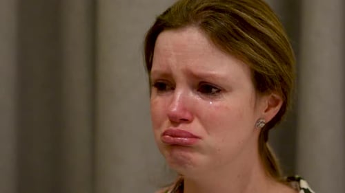 Emotional crying caucasian woman confront cheating partner