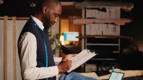 Man Sketching Fashion Design in Clothing Atelier