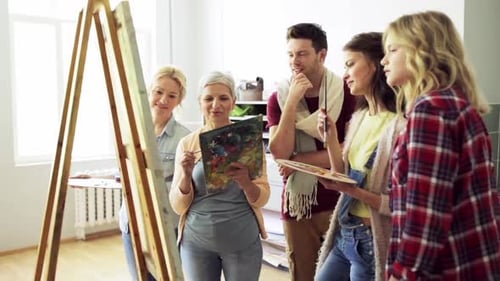 Art Class Group Learning Painting with Easel