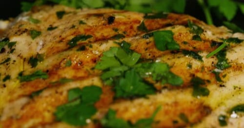 Framing macro of a tuna steak cooked on the grill with over spices to give flavor to the fish. Con