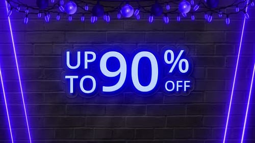 Neon 90% Off Sale Sign with Festive Blue Christmas Lights