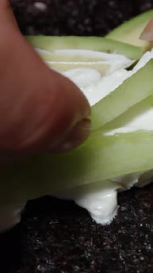 Vertikales Video. Gurkenscheiben werden auf den Frischkäse gelegt und dienen als Füllung