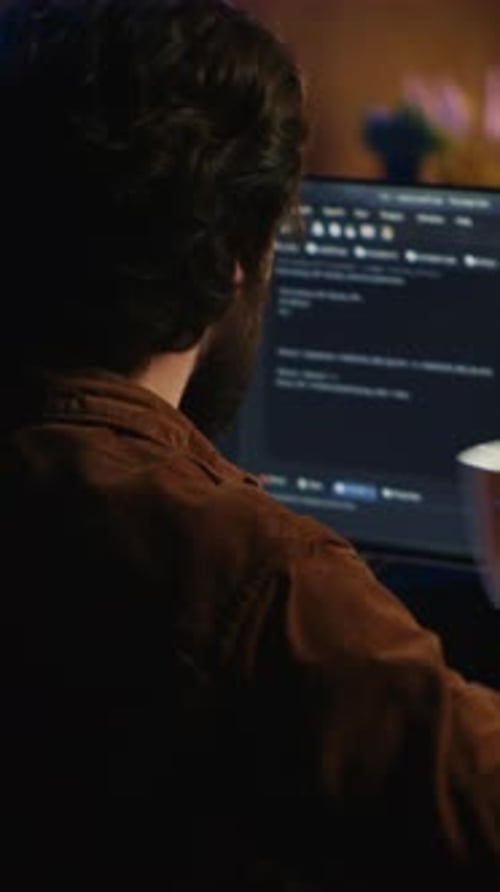 Computer Scientist at Home Office Desk Writing Binary Code and Drinking Coffee