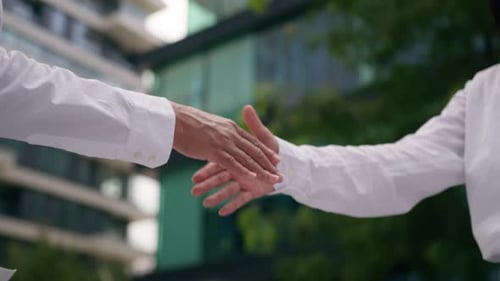 Close Up Formal Cooperation Agreement Business Interview City Meet Two People Shaking Hands