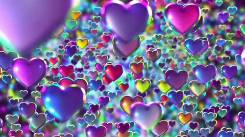 Lebendige irisierende 3D-Herzen, die in einem farbenfrohen Regenbogen schweben