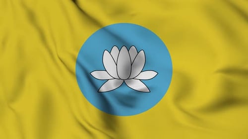 Waving Yellow Flag with Blue Circle and White Lotus