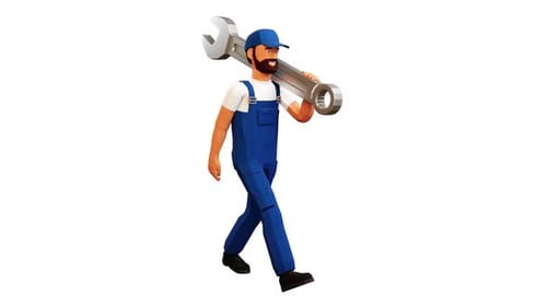 Trabajador 3D caminando con una llave grande.