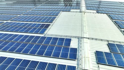 A building's rooftop covered in blue solar panels.