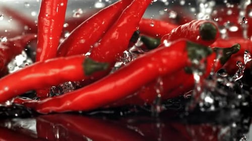 Chili Peppers Fall on a Wet Surface Filmed on a Highspeed Camera at 1000 Fps