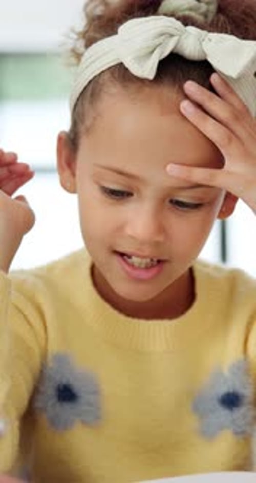 Child, confused and learning for education, homework and development with young girl