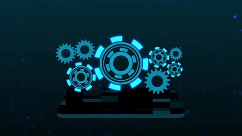 Futuristic HUD Gears Rotating Over Digital Platform