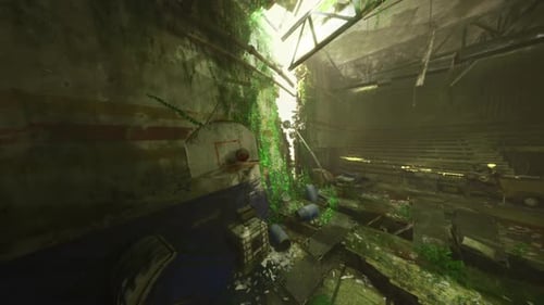 Fallen Buildings and Dust Particles Create Somber Atmosphere