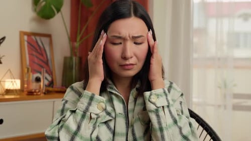 Asian Korean Chinese Japanese Woman Massage Temples Head Headache Suffer Female Health Problem