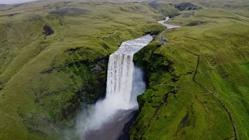 Aerial view of Skogafoss waterfall, Iceland.