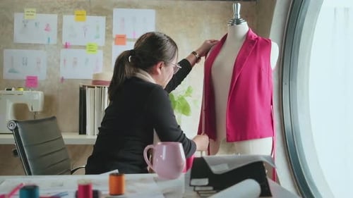 Asian female fashion designer works by idea drawing sketches for a dress design.