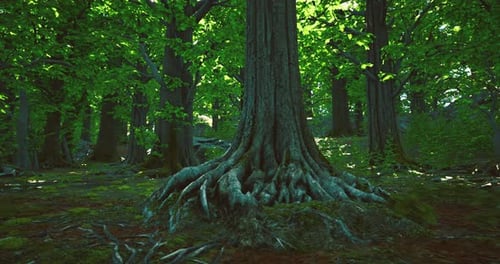 Lush Forest with Green Trees and Intricate Roots Shows Natures Harmony