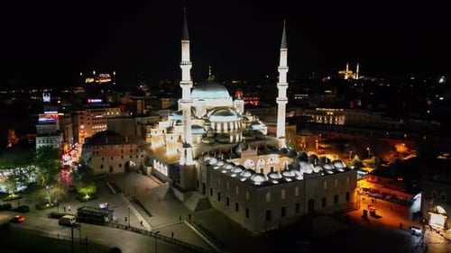 Halfcircle Aerial Orbit of Suleymaniye Mosque Above Istanbul at Night