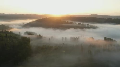 Sunrise Over Foggy Valley, Aerial View