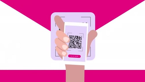 Flat Design Animated Hand Scanning QR Code on Smartphone