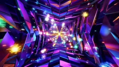 Abstrakte geometrische Neon-3D-Tunnelschleife mit leuchtenden Partikeln