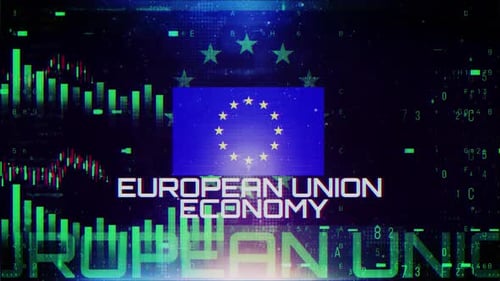 European Union Economy With Decrease Bar Chart Graph And Arrow Green