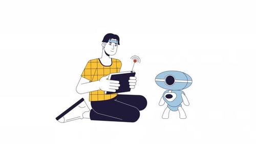 Asian man playing with radio controlled toy line 2D character animation