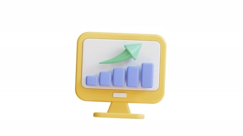 3D icon animation Computer monitor with green arrow up. Transparant background.