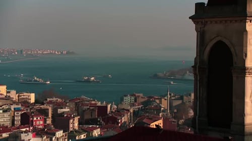 High View of Istanbul Bosphorus with Car Ferries on the Sea