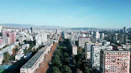 Flying over Saburtalo district in Tbilisi city