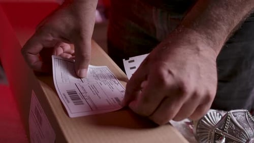 Hands Sticking Waybill Onto Cardboard Box For Shipping. slowmo