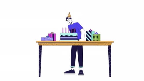 Animated Man Celebrating Birthday with Cake and Gifts