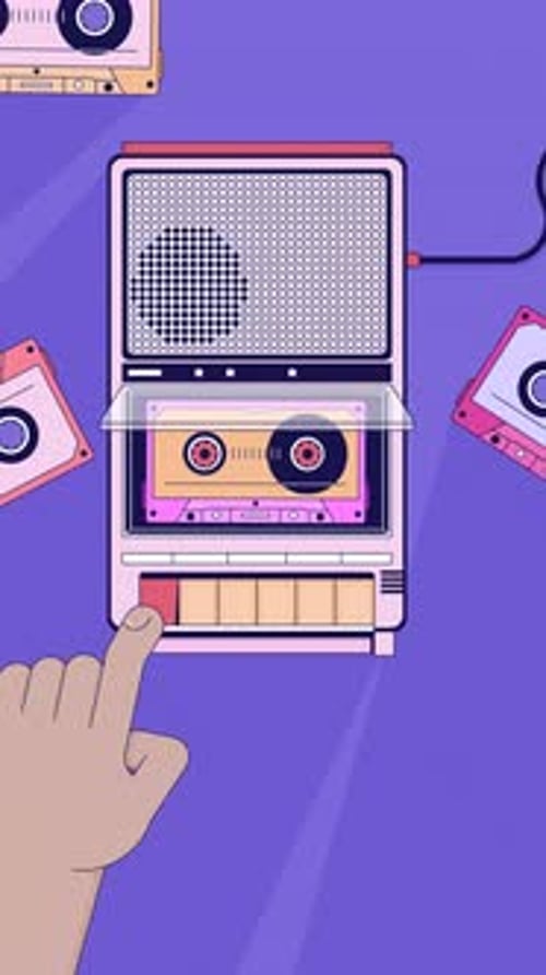 Black hand inserting cassette into vintage tape player lofi vertical animation