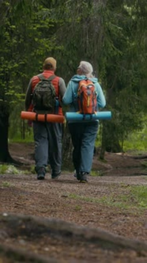 Vertical of Happy Elderly Couple Enjoying Hiking in Wild Woods