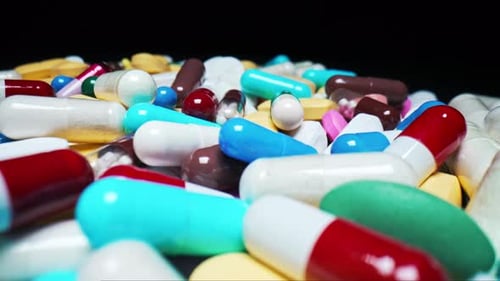 Colorful Drugs Antibiotic Capsules Cure Flu Medication Macro View of Tablets Pharmacy Medicine