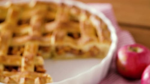 Food, Culinary and Baking Concept - Close Up of Apple Pie With