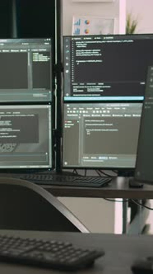 Escritorio de vídeo vertical con varios monitores que muestran la ventana del terminal e inteligencia artificial