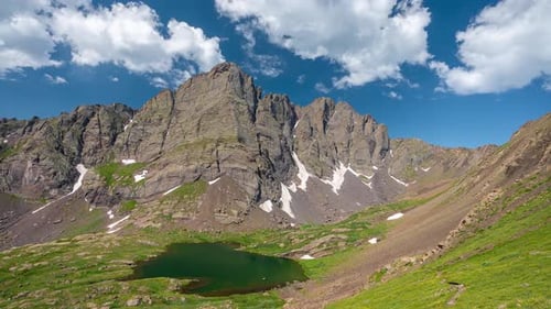 Timelapse, Clouds Above Picturesque Mountain Landscape With Alpine Lake on Sunny Summer Day
