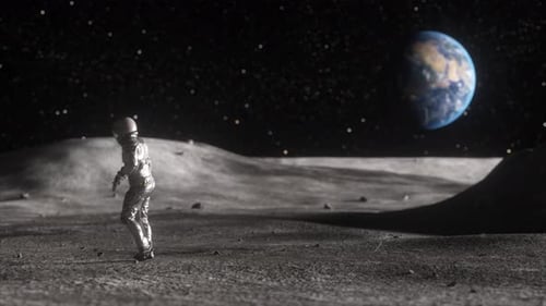 Astronaut Walks on Moon Surface with Earth and Stars