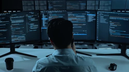 Asian Man Talking On Mobile Phone While Write Code With Multiple Computer Screens In office