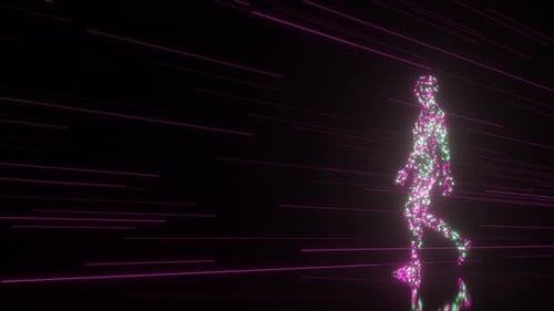 Abstract Animation of a Glowing Human Silhouette Made of Purple and Green Particles Walking Across a