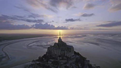 Aerial view of mont saint michel at low tide, France.
