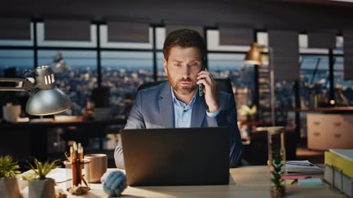 Confident Boss Calling Phone Evening View Office Closeup Man Talking Smartphone