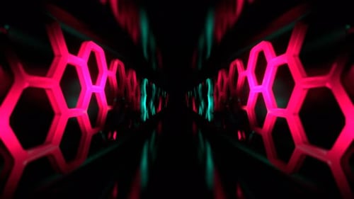 Turquoise And Pink Fantastic Corridor With Neon Illumination Honeycomb Background VJ Loop In 4K