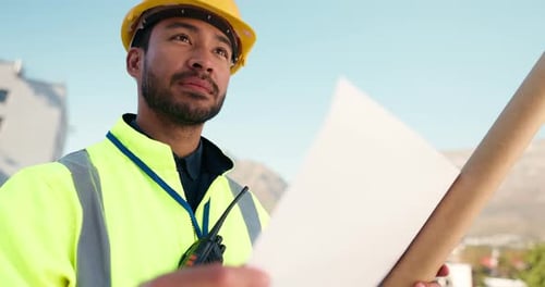City, man or builder thinking on site for renovation, engineering inspection or project management