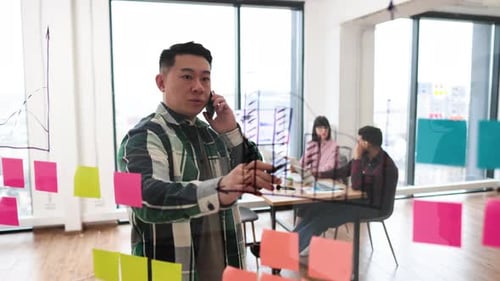 Businessman Using Phone While Brainstorming with Sticky Notes