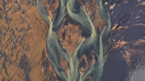 Aerial view of glacial river patterns, Iceland.