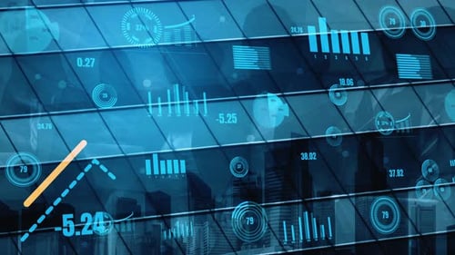 Futuristic data charts overlaid on skyscraper windows