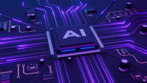 AI Chip Connection Visualized on a Futuristic Motherboard