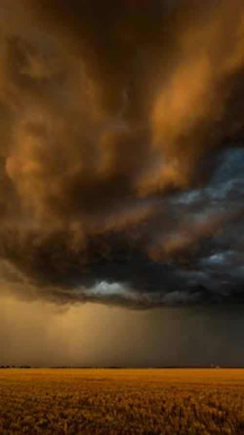 Dramatic storm clouds over open field at sunset