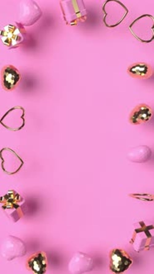 Rotating gold glossy 3d hearts decorative frame.